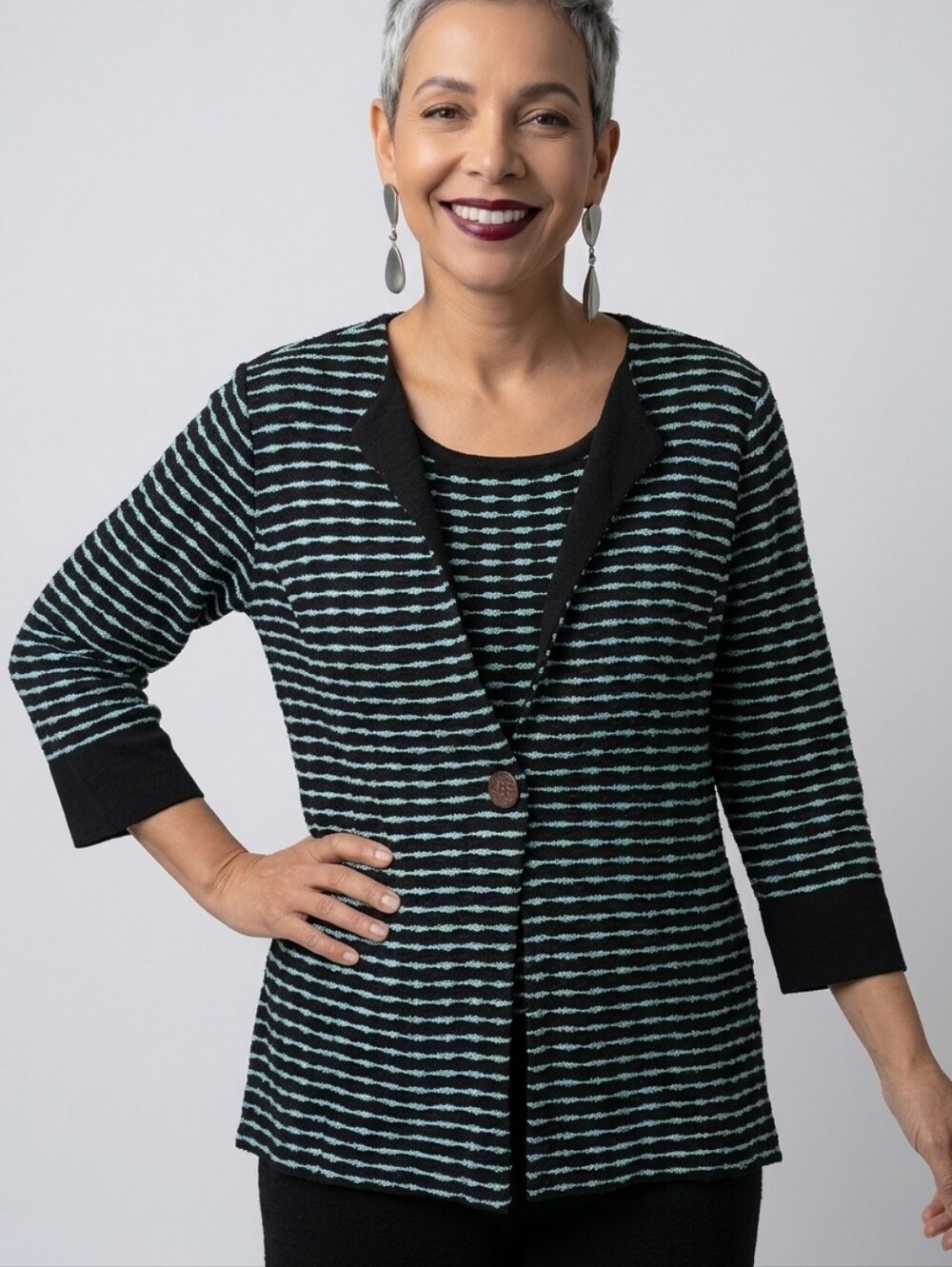 Misook Knit Cardigan Jacket Blue Black Women's Size Large Wave Knit Slit Cuff